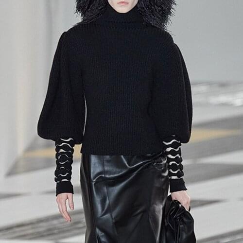 Free Shipping Runway Design Women Black Sweaters 2021 Autumn Winter Warm Turtleneck Puff Sleeve Knitted Top Femme Streetwear