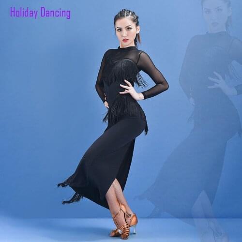 Women Latin Dance Dress Long Sleeve Tassel Design Dancing Practise Cloth Samba Tango Chacha Dancing Performamnce SS009