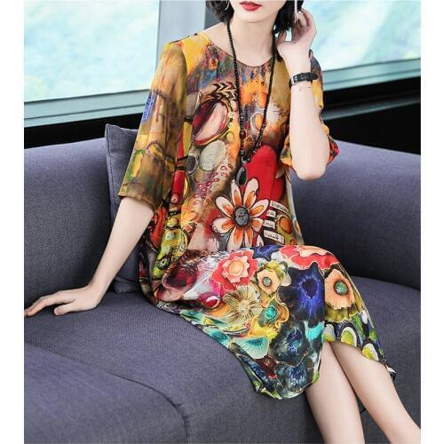 Spring And Summer New Silk Dresses Female Fashion Loose Comfortable Vestidos Large Size M-3XL High Quality Party Elegant Dress