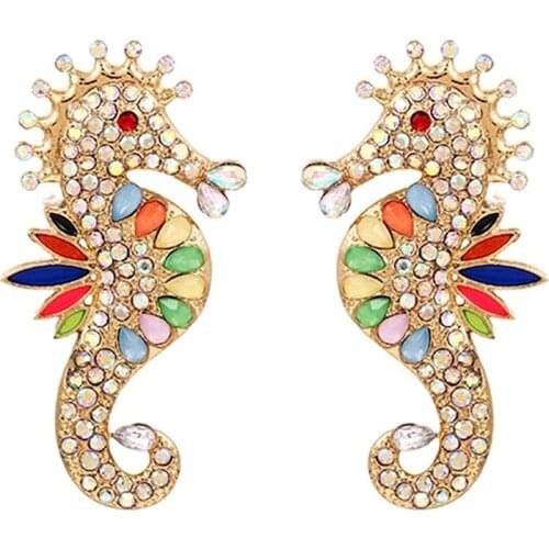 ZHINI Fashion Creative Exaggeration Earrings for Women Gold African Alloy Hippocampus Dangle Earring Rhinestone Fashiion Jewelry