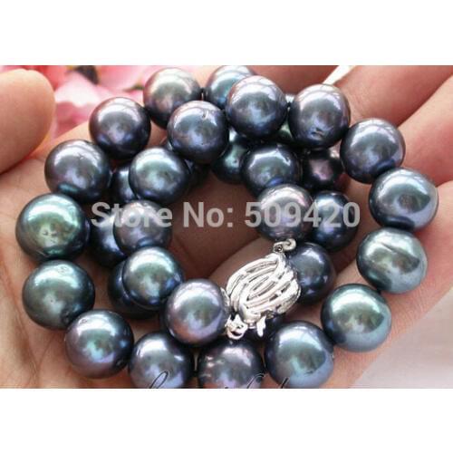 Free Shipping >>HUGE REAL 17" 11-12mm ROUND peacock black PEARL NECKLACE
