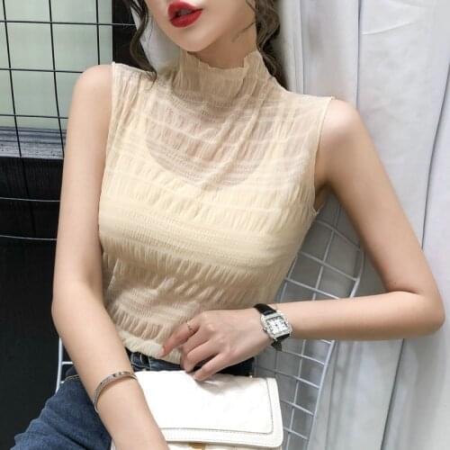 High Neck Blouse Women Cold Shoulder Mesh Pleated Stitching Designer Top Summer Streetwear Casual Blouses Sexy Shirts Tops Black