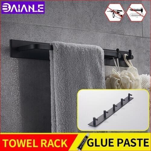 Bathroom towel bars with hook black wall mounted screw free installation Bedroom living room shelf organizer row hook