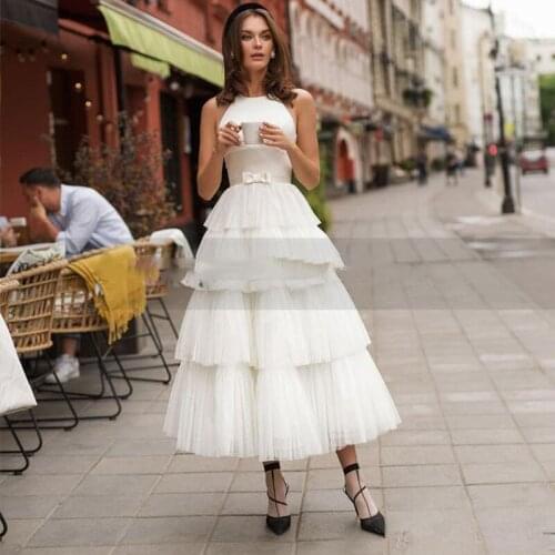 Elegant Ankle- Length Short Wedding Dresses Boho White Ivory Tulle Satin Beach Robe De Mariee Princess Tiered Bridal Gowns