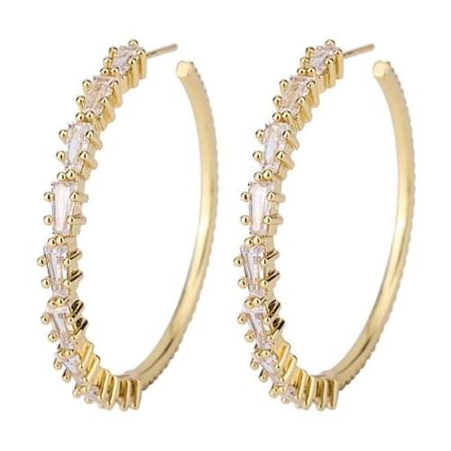 European Jewerly Copper Prong Micro Inlaid Zircon Gold Color Big Hoop Earrings for Women