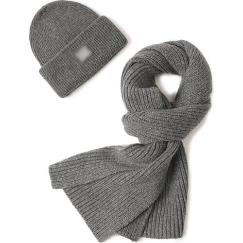 Europe and America winter2020new wool pure color Yuanbao needle hat scarf set thickened warm keeping fashion simple couple scarf
