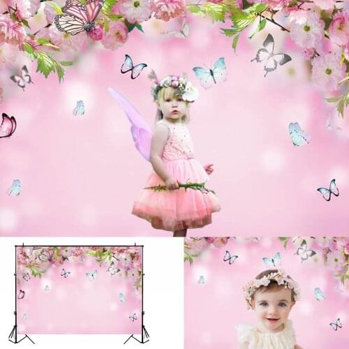 Spring Pink Themed Backdrop Butterfly Peach Blossom Flowers Photo Background Photography Children Baby Birthday Party Backdrop