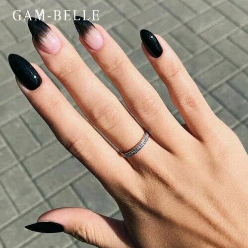 GAM-BELLE Punk Style False Nails Gradient Black Oval Med-Length UV False Press On Nails Full Cover Acrylic Nail Art Decor Tips