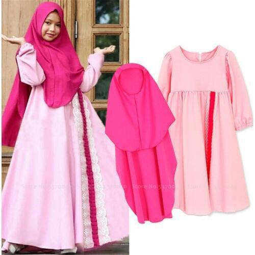 Hijab Dress for Girl Traditional Prayer Muslim Kaftan Islamic Clothing Kids Abaya Women Turkey India Arabic Children Scarf Caps