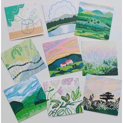 Ins Green Plant Landscape Postcard Hand Painted Illustration Square Decorative Card 9 Sheets Diy Wall Sticker Photographic Props