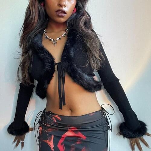 Kawaii Woman Tshirts Front Lace Up Long Sleeve Autumn Tees Cardagan Tops Short Furry Tie Slim Fit Feathers Sexy 2021 Cardigans