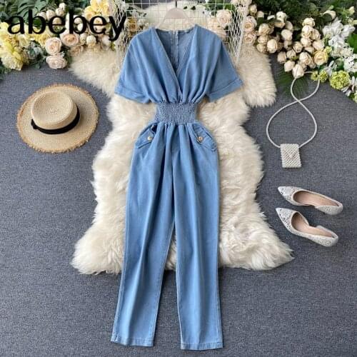 Summer Denim Jumpsuit Vintage Short Sleeves V-Neck Elastic Waist Straight Jeans Casual Overalls Club Outfits For Women