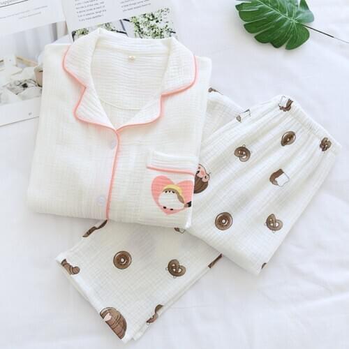 Set homewear new spring and autumn ladies cotton gauze pajamas long-sleeved trousers cute pajamas home service loungewear wwomen