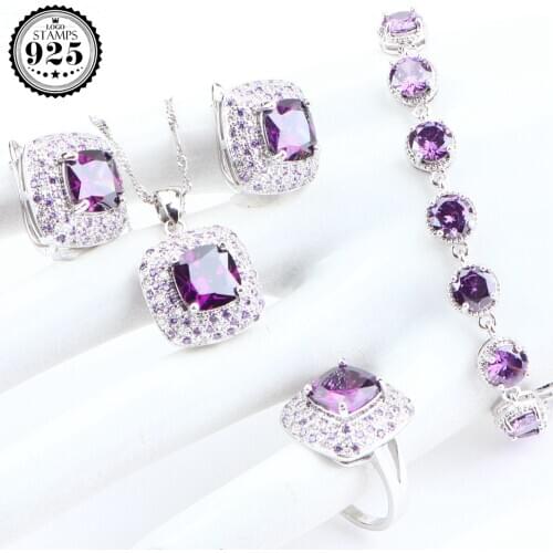 Purple Zirconia Silver 925 Jewelry Sets Stone Earrings For Women Wedding Jewelry Bracelet Ring Necklace Pendant Set Gifts Box