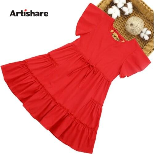 Girl Summer Dress Ruffles Girl Party Dress Solid Color Kids Dress Casual Style Clothes For Girls 6 8 10 12 14