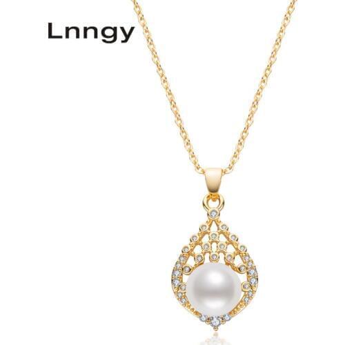Lnngy 14K Gold Filled Chain Necklace 9.5-10mm Natural Cultured Freshwater Pearl Fashion Pendant Necklace Women Jewelry Gifts