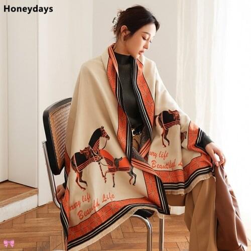 Fashion Horse Print Scarf Women Cashmere Winter Scarf Warm Luxury Brand Pashmina Shawls Lady Wraps Bufanda Thick Bandana Blanket