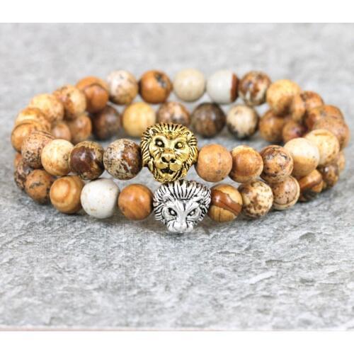 8MM Mens Beaded Tiny Lion Head Bracelet Gem Stone Charm Hand Women Bracelet Gift Jewelry Pulseras Mujer