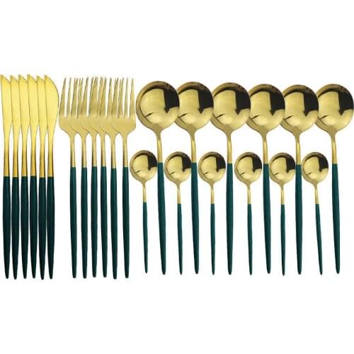 24Pcs/Set Green Gold Cutlery Set 304 Stainless Steel Dinnerware Set Knife Fork Spoon Dinner Set Kitchen Mirror Tableware Set