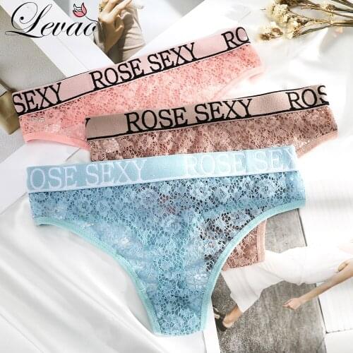 LEVAO New Lace Sexy Women Panties G-Thongs Letters Solid Color Middle And Low-Waist Ladies Short Briefs Hollow See-Through Thong