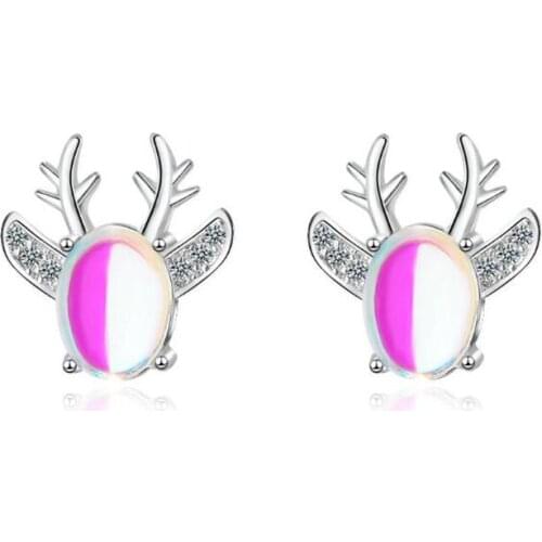 New Beautiful Antler Moonlight Stone Deer 925 Sterling Silver Jewelry Elk Personality Animal Crystal Stud Earrings SE893