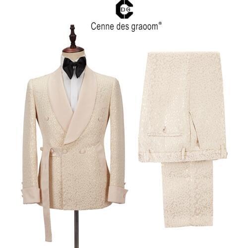 2020 Cenne Des Graoom New Men Suit Costume Two Pieces Blazer Pants Shawl Lapel Satin Wedding Party Groom Tuxedo For Christmas