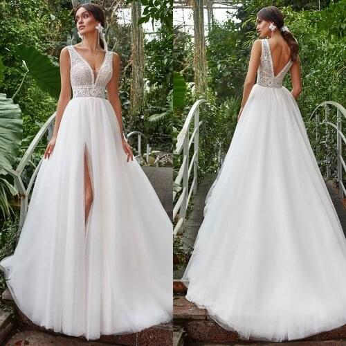 Свадебное Платье Tulle Wedding Dress Elegant V-Neck Sleeveless Lace Sweep Train A Line Bridal Gowns With Slit Vestido De Noiva