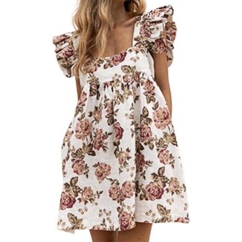 Summer Women Dress Square Neck Mini Dress Ruffle Sleeve Floral Print Large Hem Pockets Women Loose Dress Clothing Vestidos