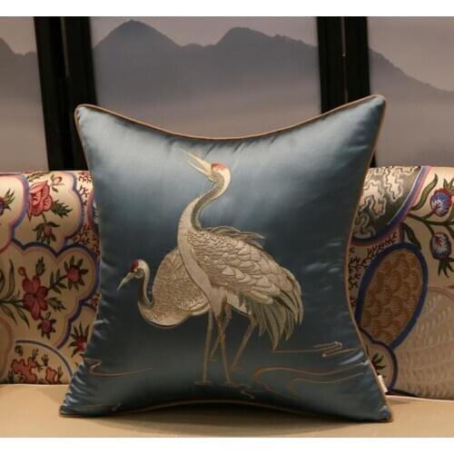 Fine Embroidery Crane Sofa Chair Back Cushion Pillow Office Home Decor Backrest Chinese Lumbar Pillowcase 35x50 40x60 50x50cm