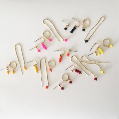 Lovely Gold Color Fuchsia Neon Pink Colorful Bead Decorated Long Chain Tassel Piercing Drop Earring Pack For Women Girl Jewelry