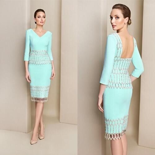 Light Sky Blue Mother Of The Bride Dresses Satin Glitter Knee Length Wedding Guest Dress 3/4 Long Sleeves Plus Size Mother Gowns