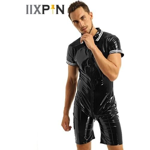 Mens Sexy Boxer Briefs Leotard Bodysuit Short Sleeve Wet Look Patent Leather Front Zipper Sexy Bodysuit Lingerie Men Nightwear