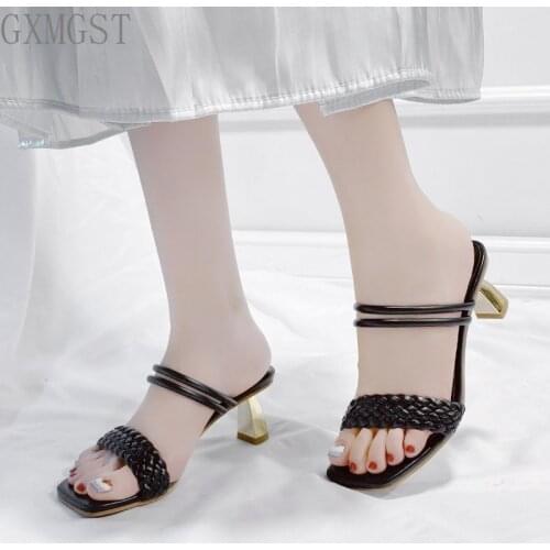Women Pumps Sexy Open Toe High Heel Slippers Thick Heel Ankle Strap Shoes Woman Plus Size Summer Sandals Zapatillas Mujer 35-43