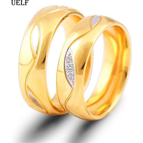 Uelf Stainless Steel Couple Ring Crystal 6mm Lovers Ring Gold Color Wedding Band Engagement Anniversary Party Jewelry Aneis Gift
