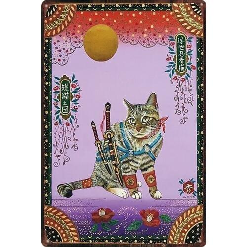 Japanese Samurai Cat Tattoo Cat Shabby Chic Tin Sign Pet Plaque Metal Vintage Wall Pub Art Home Bar Decoration 30X20CM DU-2383