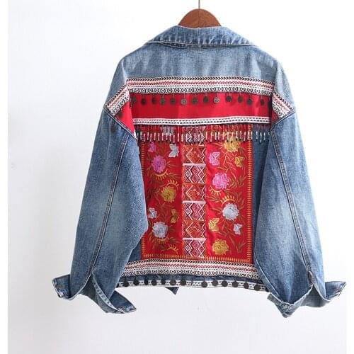 Boho Embroidery Denim Jacket Women Tassel Patch Outerwear Vintage Oversized Loose Chaquetas Mujer Jeans Jacket Female Streetwear