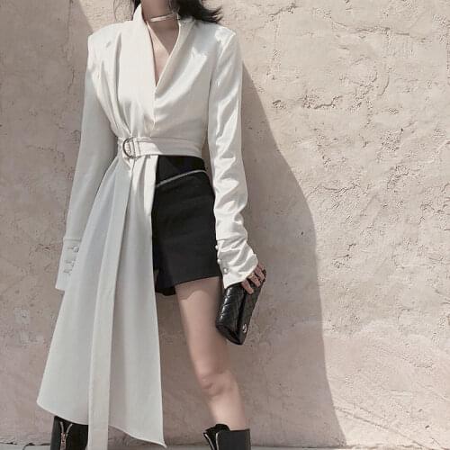 Mid-length White Irregular Blazers Jacket Women V-neck Long Sleeve With Belt Loose High Waist Coat Female Fashion Spring Autumn