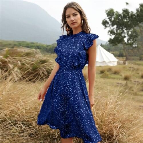 Elegant Summer Womens Ruffles Mid-Calf Vacation Style Chic Dress 2021 New Ladies Sleeveless Love Dot Print Dress