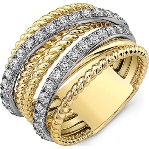 Huitan Fancy Cross Twist Twine Women Ring Gold Color with Micro Crystal Zircon Stone Delicate Wedding Rings Lady Fashion Jewelry