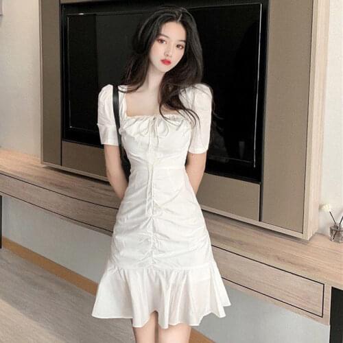 Woman Dress Casual Ruffled Lace-up Square Neck High Waist White Fishtail Elegant French Chic Office Style Mini Dress Vestidos