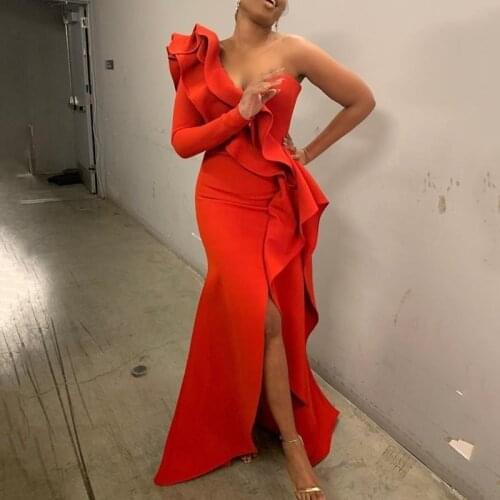 African Style EA Elegant Party Sexy Evening Women Long Dresses Female Ruffles Maxi Red Plus Size One Shoulder Bodycon Split Robe