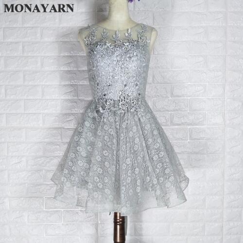 2017 Free shipping Cheap Lace Beading Sexy Backless short gray Evening Dresses Bride Banquet Elegant Prom Dress custom made