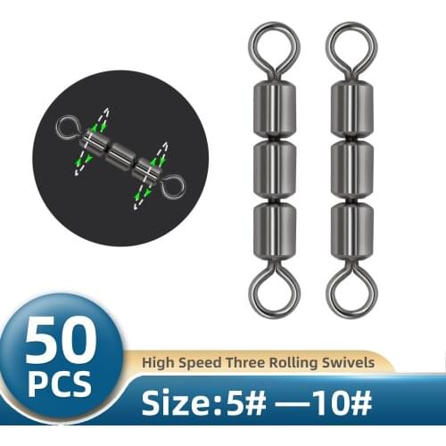 TIANNSII 50pcs High Speed Copper Rigging Swivels Treble Rolling Swivel 3 Sections Rolling Swivels Fishing Tackle Accessories
