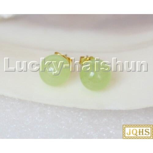 AAA natural Studs 10mm round light green Jade beads Earrings 14K gold post c299