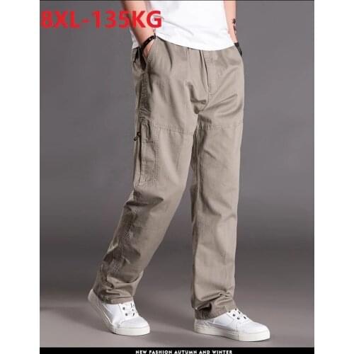 Summer spring Men cargo pants zipper pockets cotton large size 6XL 7XL 8XL high street pants straight fat pants loose gray 54 56