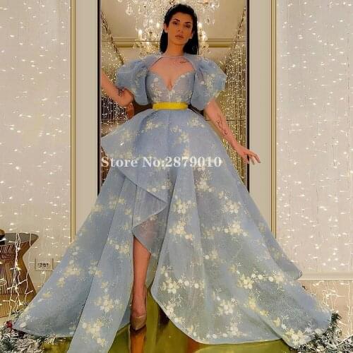 Baby Blue Embroidery A-Line Evening Dress Floor-Length Formal Dress Prom Dress Robe De Soiree Arabic Vestido de festa 2020 Dubai