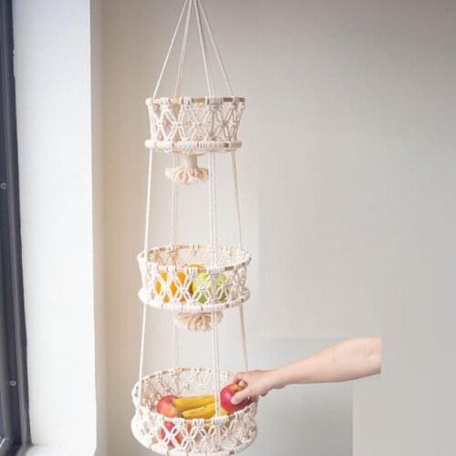 E8BD Hanging Fruit Basket 3 Tier Woven Cotton Rope Wall Baskets Kitchen Storage