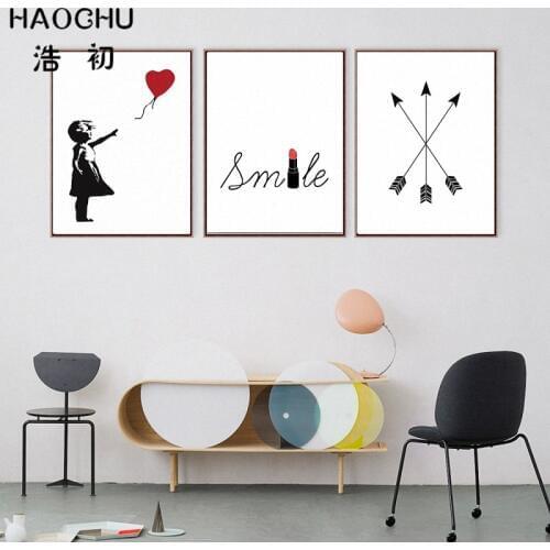 HAOCHU Modern Bansky Street Art Graffiti Balloon Girl Abstract Love Quotes Wall Pictures Canvas Painting Restaurant Home Decor