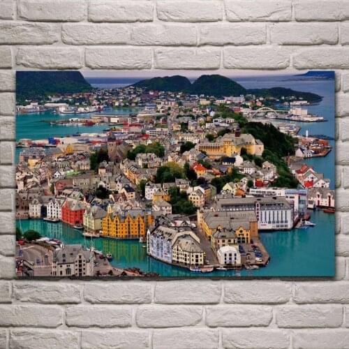 Alesund norway sea harbor mountains nature landscape living room home decor wall art print wood frame fabric poster EX548