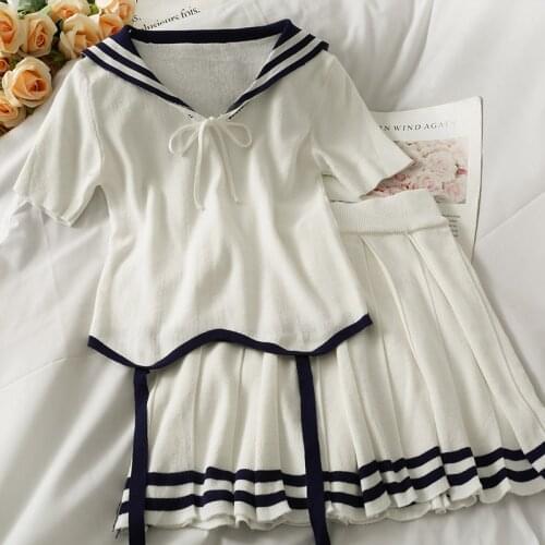 HELIAR Women Sailor suit Sets Women Knit Crop Tops And Mini Pleated Skirts Sets Women Japan Harajuku Cute Sets For Women Summer
